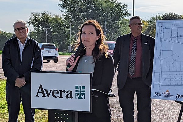 Hilary Rockwell speaking at a press conference.